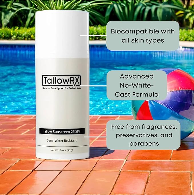 Tallow Sunscreen SPF 25 with Non Nano Zinc Oxide – Natural Mineral Sun Protection with Red Raspberry, Coconut Oil & Vit E – Reef Safe, Non Toxic & Moisturizing Sunblock for Face & Body – 3.4 oz
