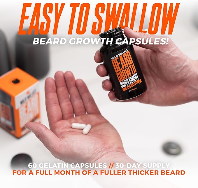 Wild Willies Beard Growth Kit - Capsules & Boost Serum - Natural Growth Oil With Biotin & Caffeine - Vitamins for Fuller, Thicker Beard - 60 Capsules - For Men