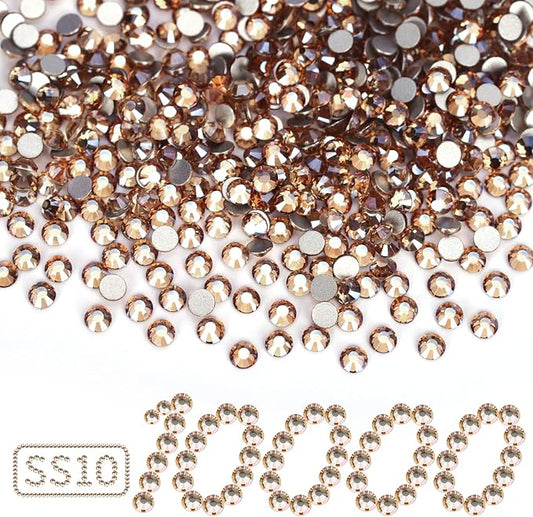 10000PCS Golden Shadow Rhinestones Bulk, Flat Back Crystal Glass Stone Round Gems,SS10, 2.7-2.9mm