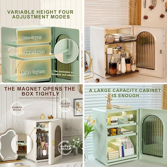 DASITON Large Capacity Makeup Organizer for Countertop,3 Adjustable Layers Skincare Organizers,Dustproof & Waterproof Makeup Storage Organizer,Cosmetic Display Case for Vanity,Bathroom,Bedroom(Green)