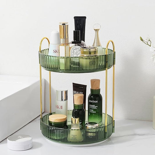 Rotating Makeup Organizer for Vanity, Perfume Skincare Lipstick Organizers for Bathroom Countertop, Clear Make up Storage for Dresser, Bathroom Cosmetics Organizer Storage 360 Spinning(2 Tier, Green)