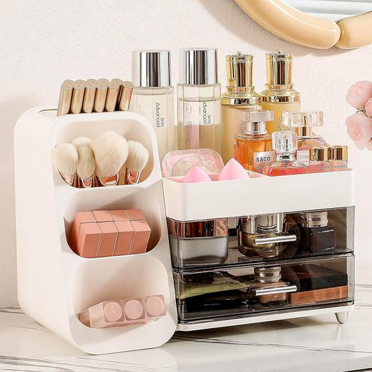 Aveniee Makeup Organizer with Drawers for Vanity, Big Cosmetic Display Case with Makeup Brush Holder, Bathroom Coutertop Organizers and Storage for Skincare Beauty Essentials (White)