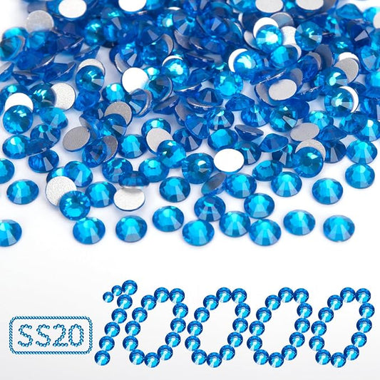 10000PCS Capri Blue Rhinestones Bulk, Flat Back Crystal Glass Stone Round Gems,SS20, 4.6-4.8mm