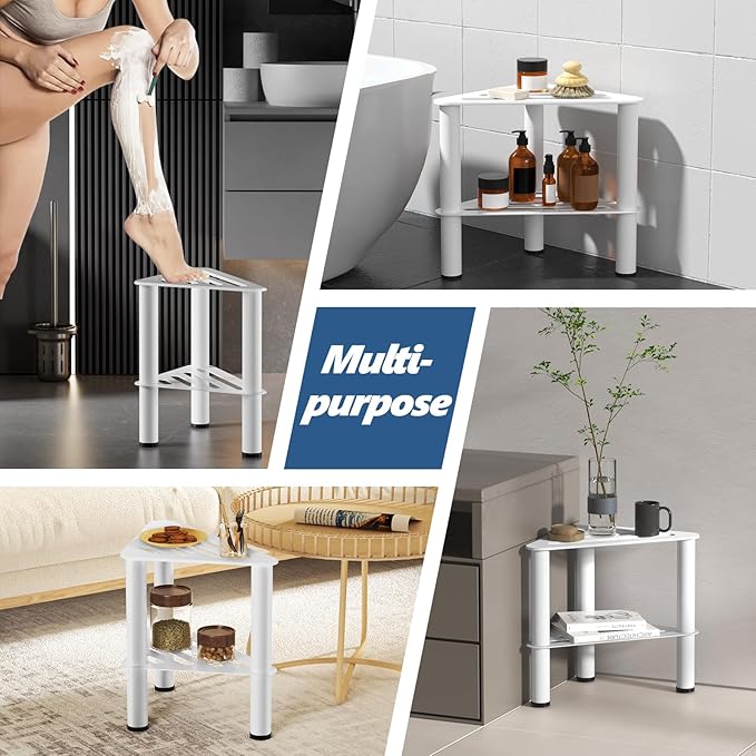 Metal Corner Shower Foot Stool for Shaving Legs, Shower Foot Rest Bench for Iwe Shower with Storage Shelf, Small Step Stools, Waterproof Non-Slip Bath Stool to Sit (White)