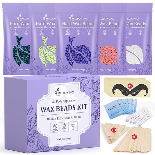 Wax Beads for Hair Removal -5 Pack Hard Wax for Sensitive Skin, Ideal for Bikini, Brazilian, Face, Eyebrow, Legs, Armpit, Full Body - Professional Waxing Wax Refill at Home for Women Men