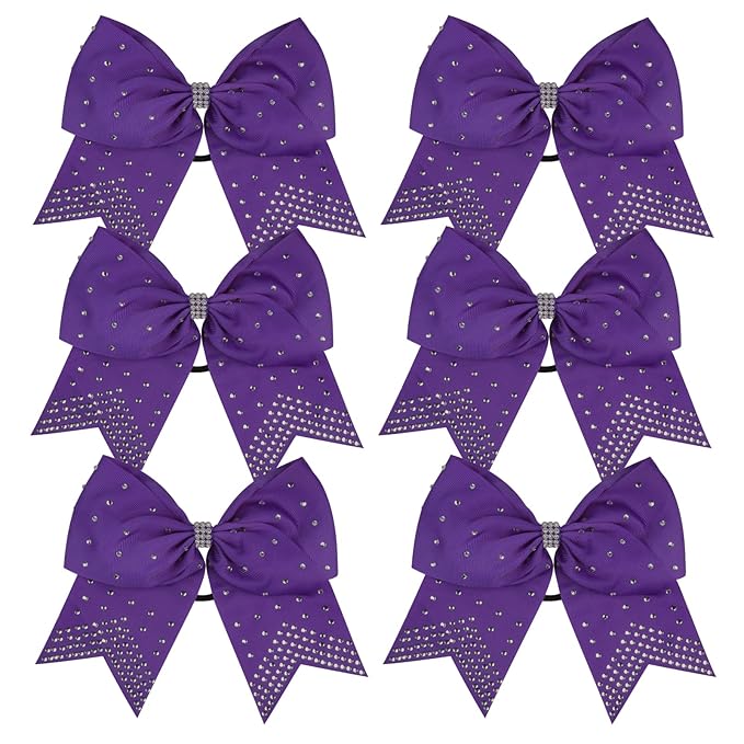 8 Inch Cheerleader Bows Ponytail Holder with Bling Fling Rhinestones Hair Tie Cheerleading Bows 6 Pcs (Purple)