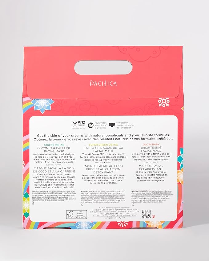 Pacifica 3-Pack Face Sheet Mask Variety Set – Brightening Vitamin C, Green Detox & Stress Rehab Hydrating Masks for Glowing Skin, Holiday Beauty Gift for Women Teens Girls, Vegan Clean Skincare