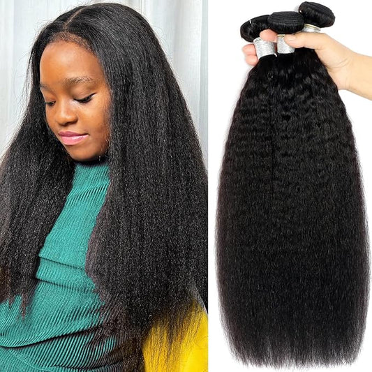 14 16 18 Inch Kinky Straight Bundles Human Hair Yaki Straight Human Hair Bundles Raw Kinky Human Hair 3 Bundles For Black Women Natural Black 12A Sew In 100% Brazilian Virgin Human Hair Bundles