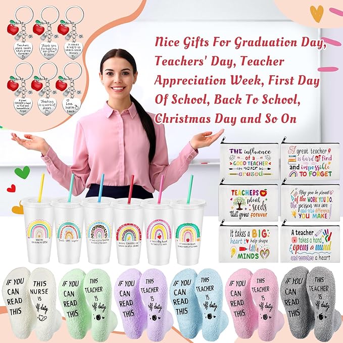 24 Pcs Teacher Appreciation Gift from Students 2025 Teachers' Day Thank You Gifts Bulk 24 oz Plastic Tumbler Cup Makeup Cosmetic Bag with Zipper Crew Sock Keychain for Retirement(Rainbow)