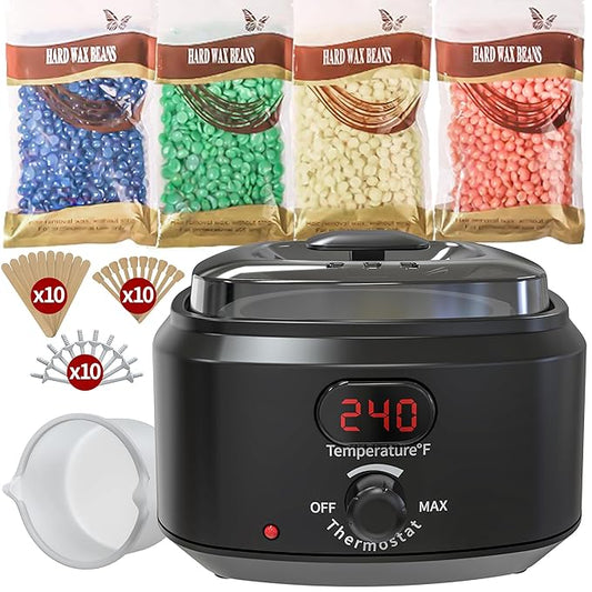 Waxing Kit for Women Men, Digital Wax Kit with Silicone Bowl & 4 Bags Hard Wax Beads, Portable Wax Warmer for Sensitive Skin Full Body Hair Removal, Brazilian Bikini, Eyebrow, Face (Black)