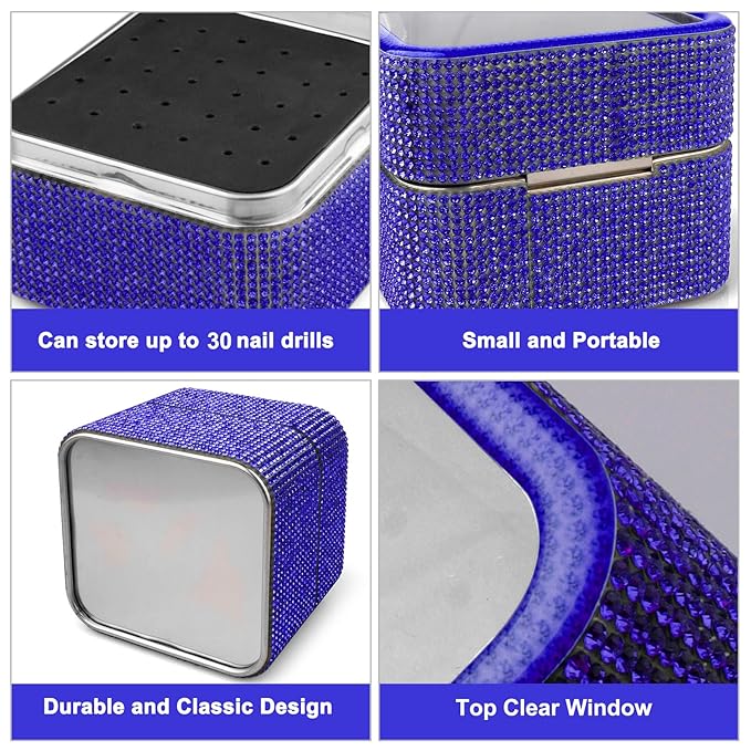 30Pcs Nail Drill Bits Set with Rhinestone Storage Box, 3/32 Inch Ceramic Diamond Carbide Nail Drill Bits for Acrylic Gel Polish, Cuticle Efile Remover for Manicure (Deep Blue)