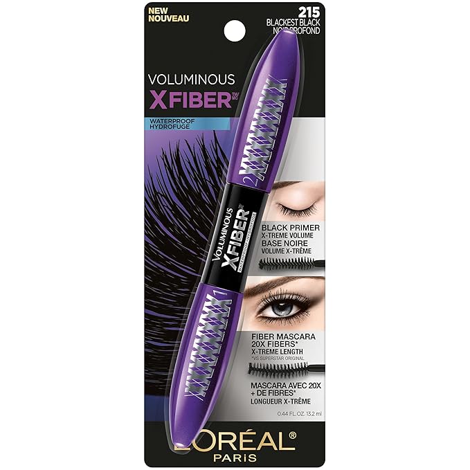 L’Oréal Paris Makeup Voluminous X Fiber Waterproof Mascara with Black Primer, Blackest Black, 1 Tube