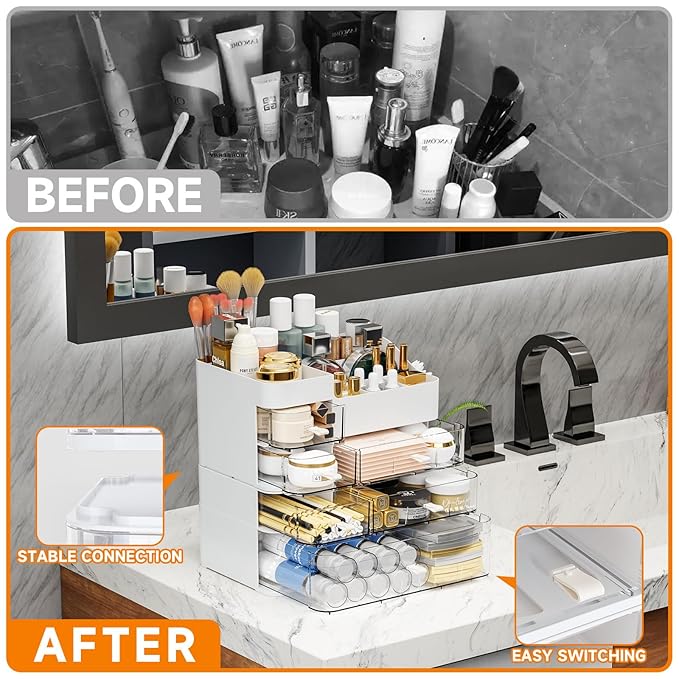 White Makeup Organizer With 6 Drawers,2 Pack Stackable Plastic Cosmetic Storage Organizer for Dresser and Vanity,Ideal for Beauty,Perfume,Brushes,Skincare Bathroom Organizers and Storage Counter