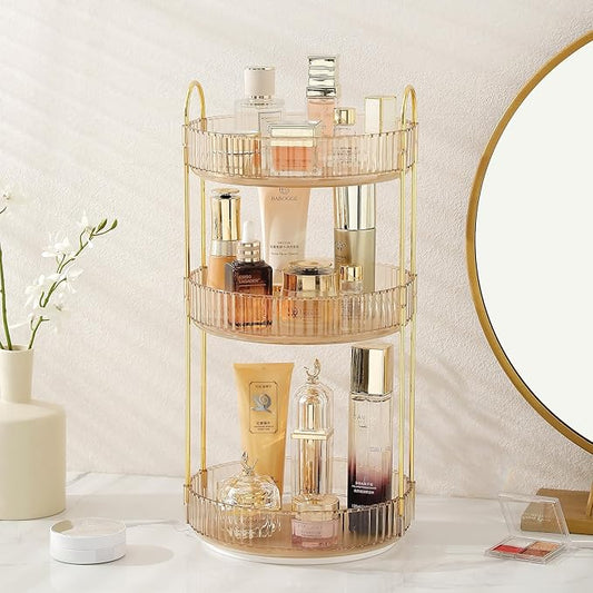 Aveniee Rotating Makeup Organizer for Vanity, 3 Tier Perfume Skincare Organizers and Storage for Bathroom Countertop, Clear Spinning Counter Shelf Cosmetic Holder for Dresser(Gold)