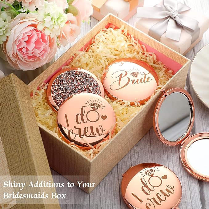 Barydat 10 Pieces Bridesmaid Gifts Set Magnifying Compact Mirror Bride I Do Crew Bridesmaid Proposal Gifts Travel Small Mirror for Purse Makeup Pocket Mirror for Women Wedding Party, Rose Gold