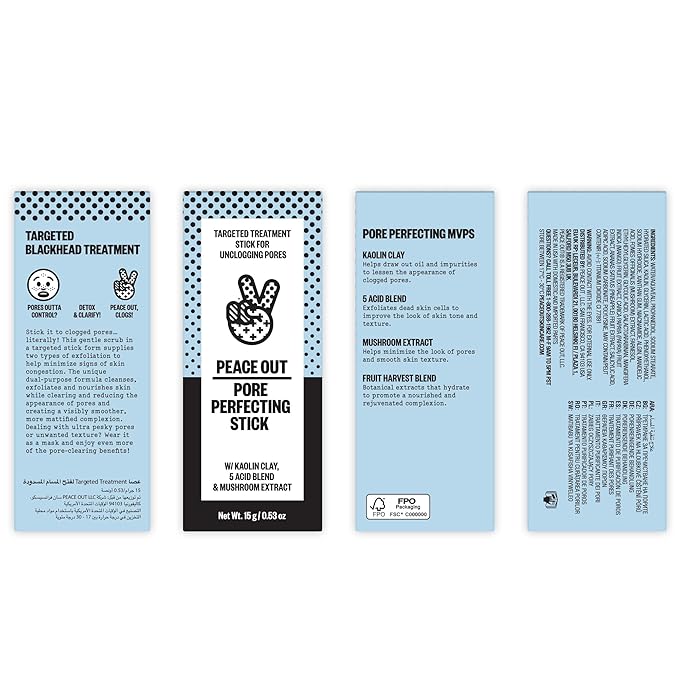 PEACE OUT Pore Perfecting Stick Acne Solution & Blackhead Remover, Glycolic Acid & Salicylic Acid Cleanser, Works Like a Face Wash, Skincare Facial Cleanser & Exfoliating Facial Scrub, 15g /0.53oz