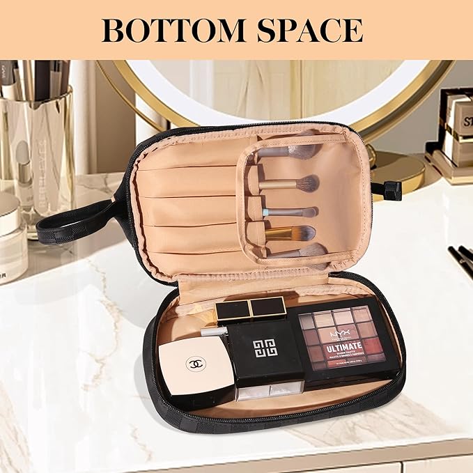 Abiudeng Large Capacity Makeup Bag Ladies Cosmetic Bag Travel Bag with Compartments Portable PU Leather Travel Makeup Bag with Handle