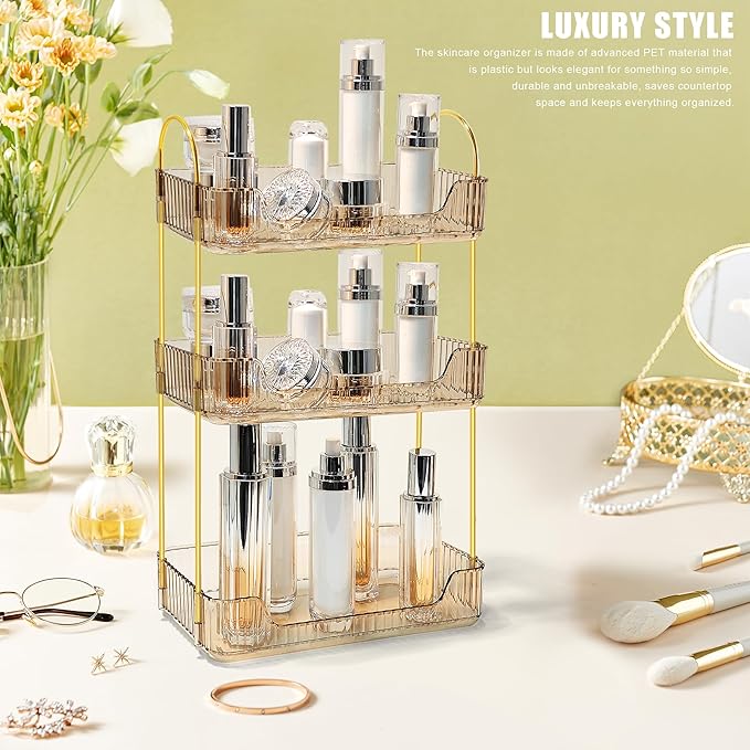 Bathroom Counter Organizer Countertop Storage Skincare Countertop Makeup Organizer Cosmetics Skincare Organizers Holder for Perfume-Amber-Golden Pole-3 Tier