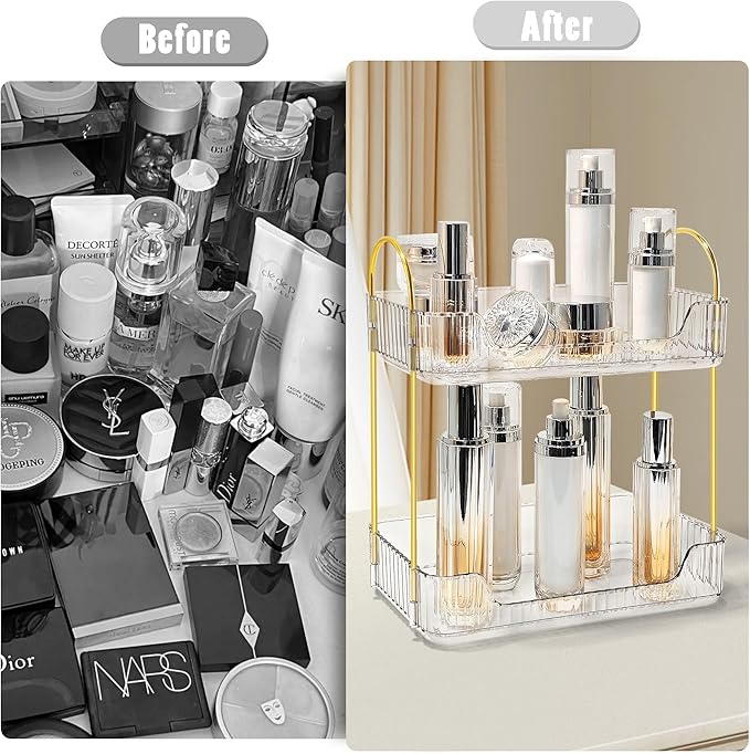 Bathroom Counter Organizer Countertop Storage Skincare Countertop Makeup Organizer Cosmetics Skincare Organizers Holder for Perfume-Clear-Golden Pole