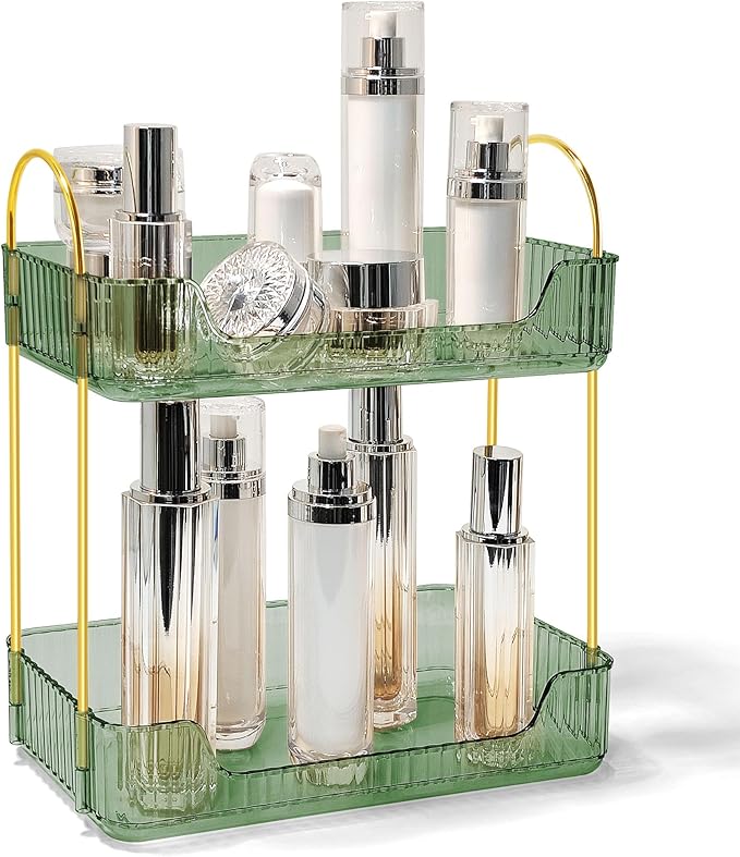 Bathroom Counter Organizer Countertop Storage Skincare Countertop Makeup Organizer Cosmetics Skincare Organizers Holder for Perfume-Green-Golden Pole