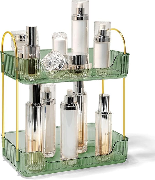 Bathroom Counter Organizer Countertop Storage Skincare Countertop Makeup Organizer Cosmetics Skincare Organizers Holder for Perfume-Green-Golden Pole