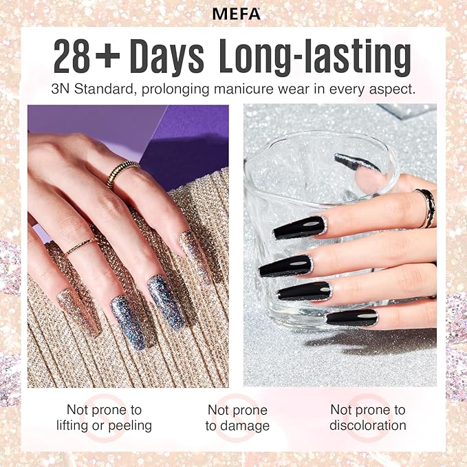 MEFA Glitter Nail Polish Set 6 Colors, Chrome Platinum Sparkly Shiny Black Silver Pink Champagne Turquoises Gel Polish Kit Soak Off Nail Art Design at Home DIY Manicure Kit Gifts for Women