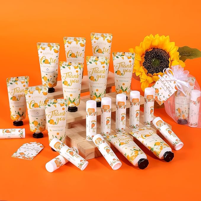 50 Pack Bulk Hand Cream and Bulk Lip Balm Gifts Sets, Bridal Shower Favors and Baby Shower Favors for Guests with Thank You Card and Organza Gift Bags, Appreciation Gifts, Baby Shower Prizes (Orange)