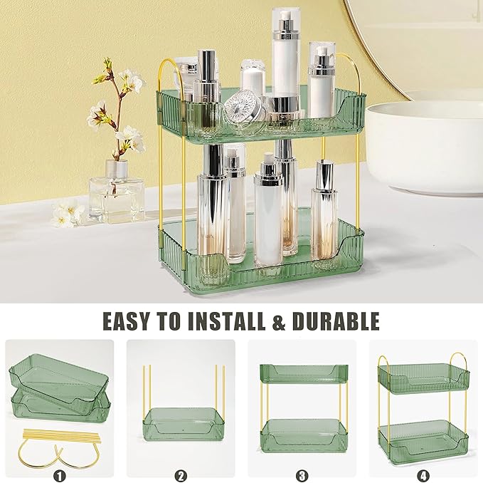 Bathroom Counter Organizer Countertop Storage Skincare Countertop Makeup Organizer Cosmetics Skincare Organizers Holder for Perfume-Green-Golden Pole