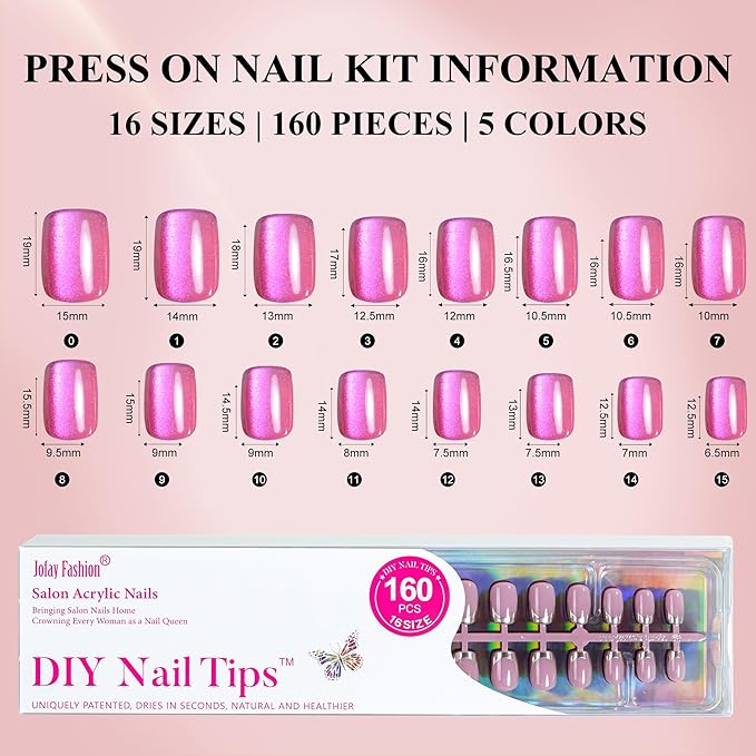 Press on Nails Short 5 Styles, Jofay Fashion 160Pcs Salon-Like Fake Nails with Chrome/Rainbow Laser/Chasing Light Cat Eye Designs, Acrylic French Tip Press on Nails Glue on Nails Stick on Nails