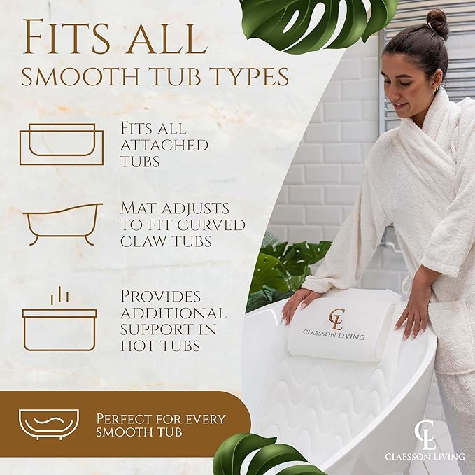 Full Body Bath Pillow (17'' x 49'') - Bathtub Cushion with Headrest Supports Neck, Back and Legs - Free Hanging Hooks for Fast Drying Over Tub - Includes Washing and Travel Bags - White