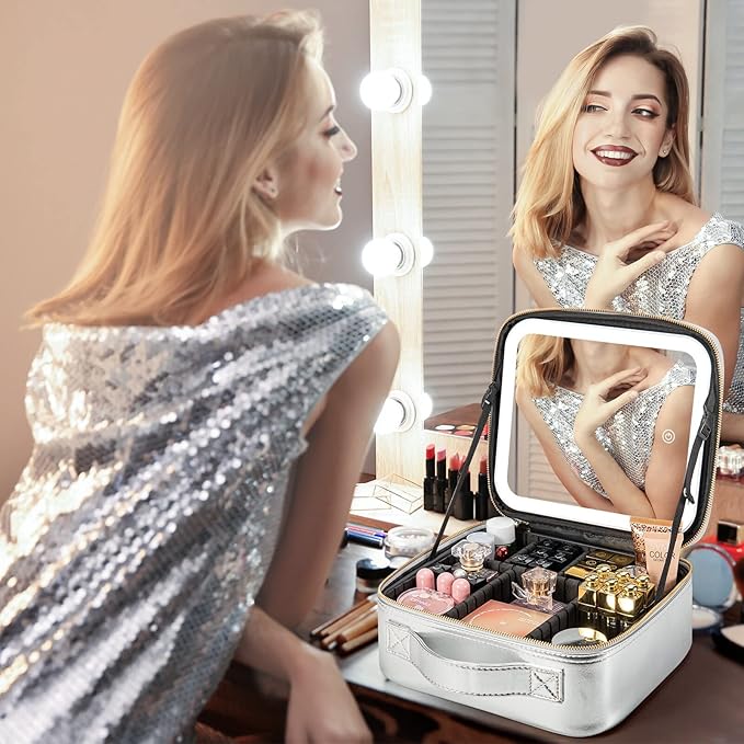 Makeup Travel Train Case with Mirror LED Light 3 Adjustable Brightness Cosmetic Bag Portable Storage Adjustable Partition Waterproof Makeup Brushes Makeup Jewelry Gift for Women