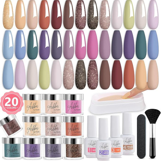 27 Pcs Fast Dry Dip Powder Nail Kit Starter 20 Colors Nude Gray Brown Dipping Powder with Essential Steps 1-4 Liquid & Nail Tools No UV/LED Lamp Needed Long Lasting Gift Set for Women AK34