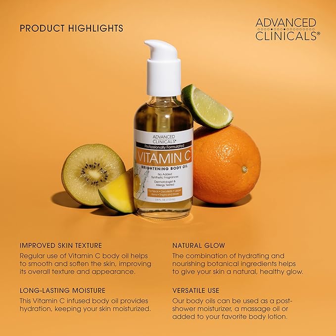 Advanced Clinicals Collagen Lifting Body Oil + Vitamin C Brightening Body Oil Moisturizer Skin Care Set - Nourishing, Brightening, & Firming Body Oil To Improve Look Of Sagging Skin, 2PC Bundle
