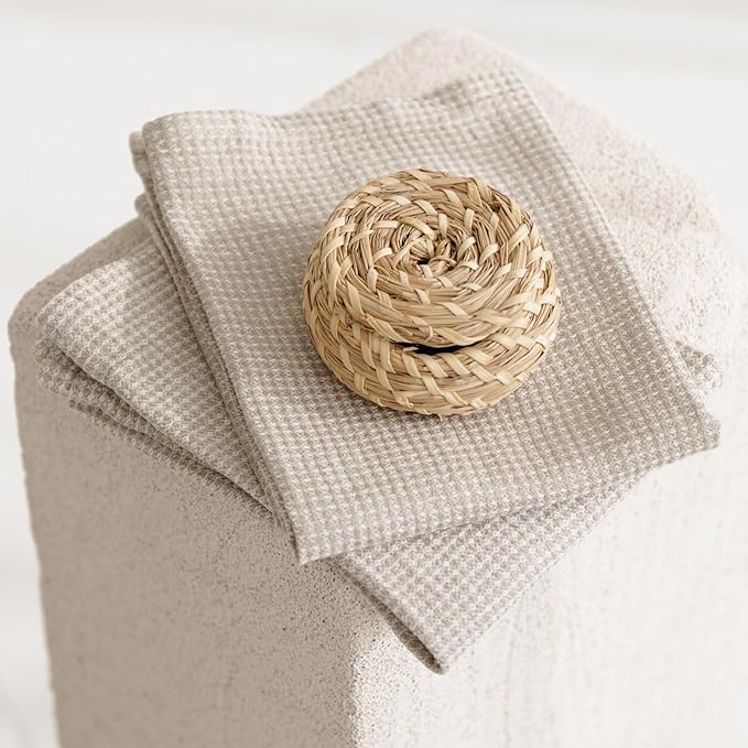 Linen Kitchen Towels - Waffle Towels 16x28-inch - Linen Hand Towels for Bathroom - Set of 2 Dish Towel White-Natural Lightweight Stonewashed Quick-Dry