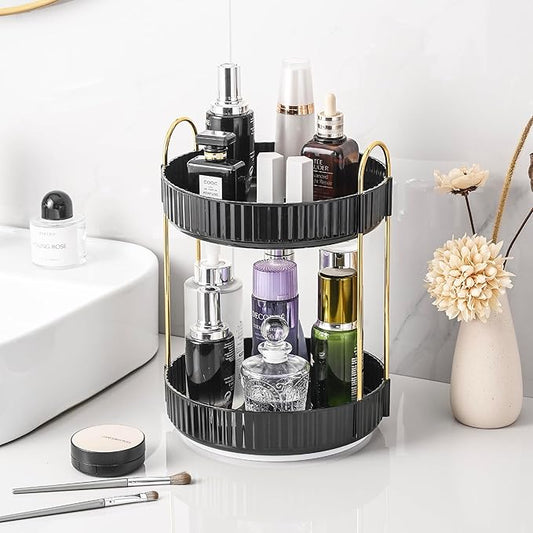 Aveniee 360 Rotating Makeup Organizer for Vanity, Skincare & Perfume, Large Capacity Bathroom Countertop Storage, 2 Tiered Black Cosmetics Lipstick & Skin Care Holder for Dresser