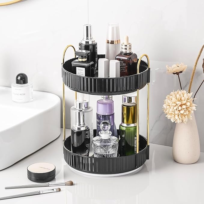 Aveniee 360 Rotating Makeup Organizer for Vanity, Skincare & Perfume, Large Capacity Bathroom Countertop Storage, 2 Tiered Black Cosmetics Lipstick & Skin Care Holder for Dresser
