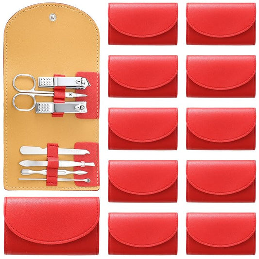 12 Set Manicure Set Bulk Mini Manicure Nail Clipper Kit 7 in 1 Stainless Steel Professional Nail Care Pedicure with Travel Portable Bag Grooming Kits for Women Men Home(Red)