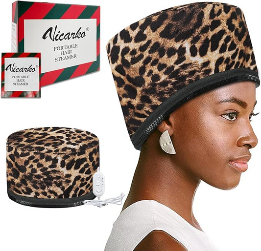 VICARKO Hair Steamer Thermal Heat Cap Deep Conditioning Natural Black Hair Scalp Treatment Spa Hot Head Care Electric for Home Use Animal Print