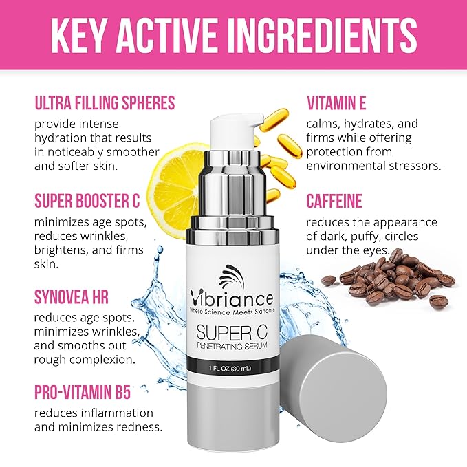 Vibriance Super C Serum for Mature Skin - All-in-One Vitamin Formula Hydrates, Firms, Lifts, Smooths, Targets Age Spots, Wrinkles, 1 fl oz - Pack of 2