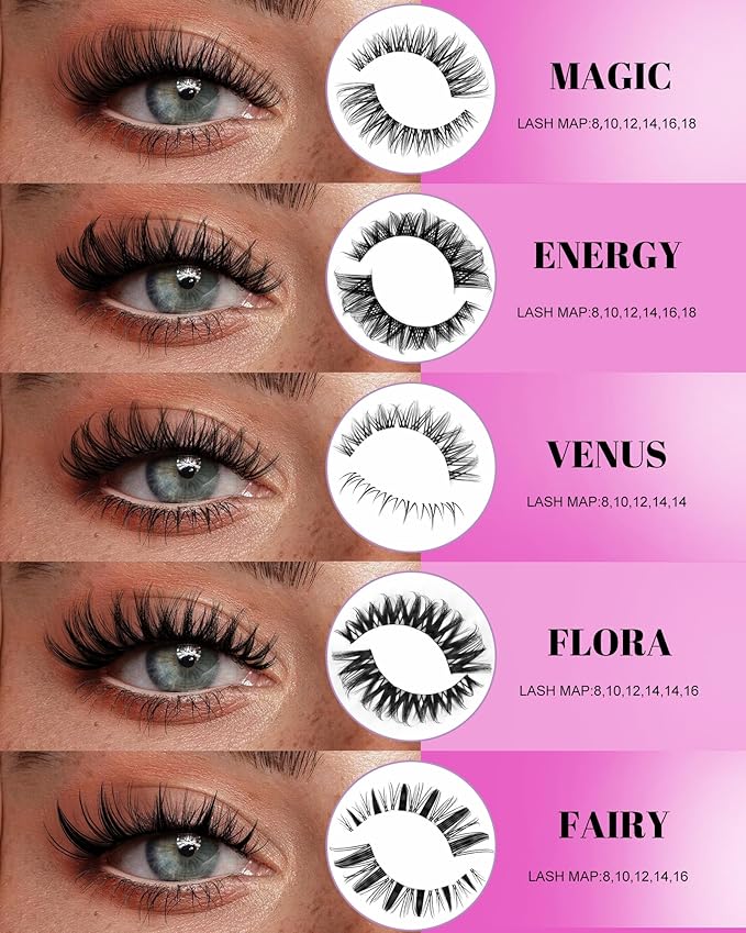 Venus Lash Clusters Kit Wispy 8-16mm with 5-6mm Bottom Lashes Natural Individual False Cluster Eyelash Extension Kit D Curl with Waterproof Bond and Seal & Lash Remover for Fake Lashes Extensions