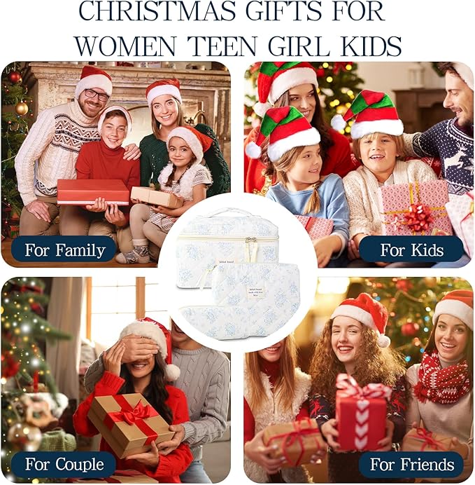 Makeup Bag, 3 PCS Quilted Makeup Bag, Cute Floral Cotton Cosmetic Bag set, Coquette Makeup Pouch Large Travel Toiletry Bag