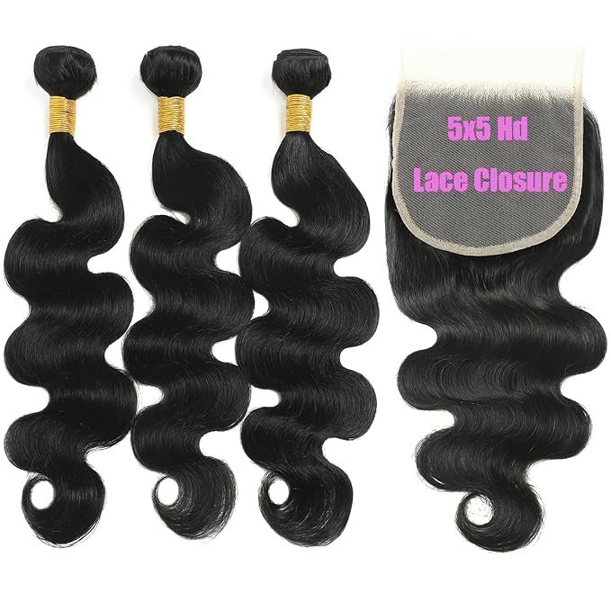 12A Body Wave Human Hair Bundles with Closure (20 22 24+18,Free Part) Closure with 3 Bundles Brazilian Virgin Hair Extensions with Pre Plucked with Baby Hair 5X5 HD Lace Closure Natural Black Color