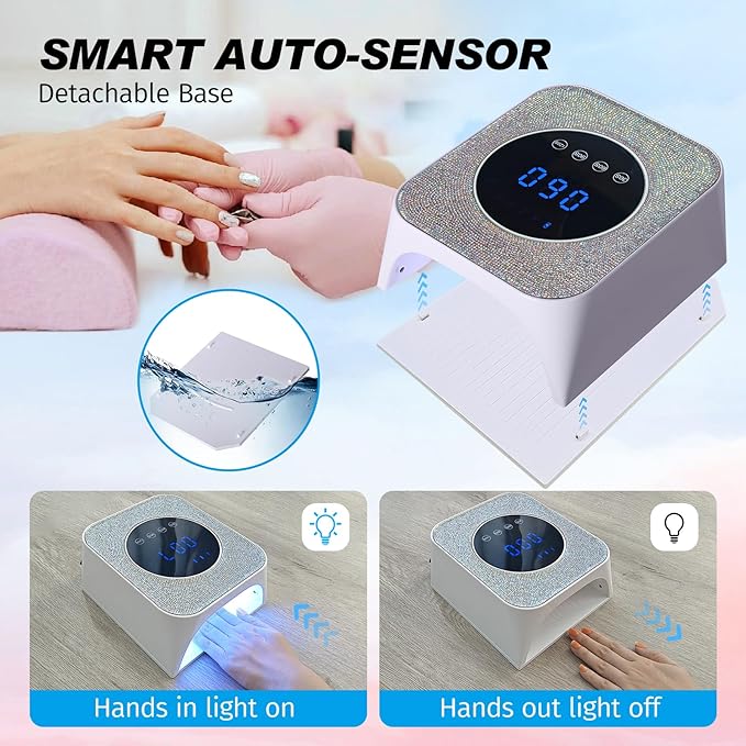 UV Light for Gel Nails 72W Cordless LED Nail Lamp Gel Polish Dryer 4 Timer Modes Rechargeable Bling Silver Diamond Rhinestones for Salon & Home