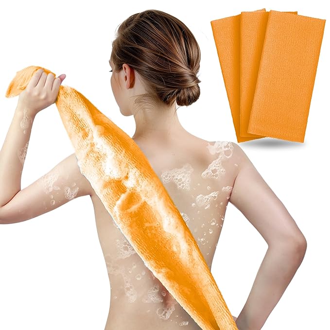 ARCH&M Exfoliating Washcloth Body Scrubber Back Scrubber for Shower Japanese Beauty Washcloth Bath Wash Cloth Korean Exfoliation Luffah Towel Net Sponge Loofah Body Scrub 3 Pack (Orange x 3)