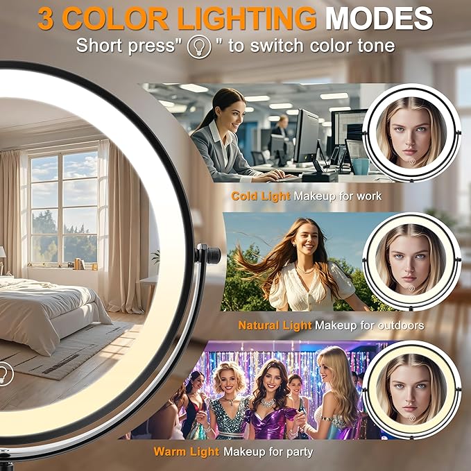 10x Large Lighted Makeup Mirror, Rechargeable 8.7" Double-Sided Vanity Mirror with 3 Color Dimmable Lights, 1X/10X Height Adjustable Magnifying Mirror, 360° Swivel, for Women Girl(Black)