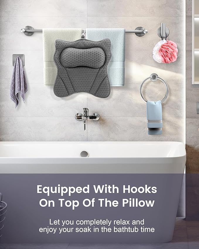 Bath Pillow, Bath Pillows for Tub Neck and Back Support, Soft 4D Air Mesh Bathtub Pillow 16.5 x 17.3 INCH, with 6 Powerful Suction Cups, Bath Accessories Relaxing Gifts for Women (Grey)