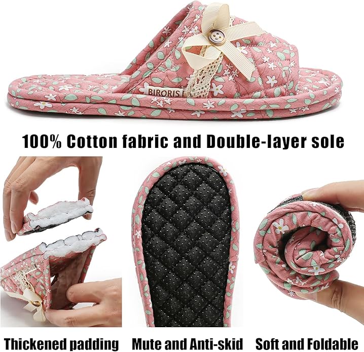 3 Pairs Floral Cotton House Slippers for Women, Open Toe Indoor Slippers Comfortable Washable Portable Foldable Guest Travel Hotel Airplane Spa Slippers