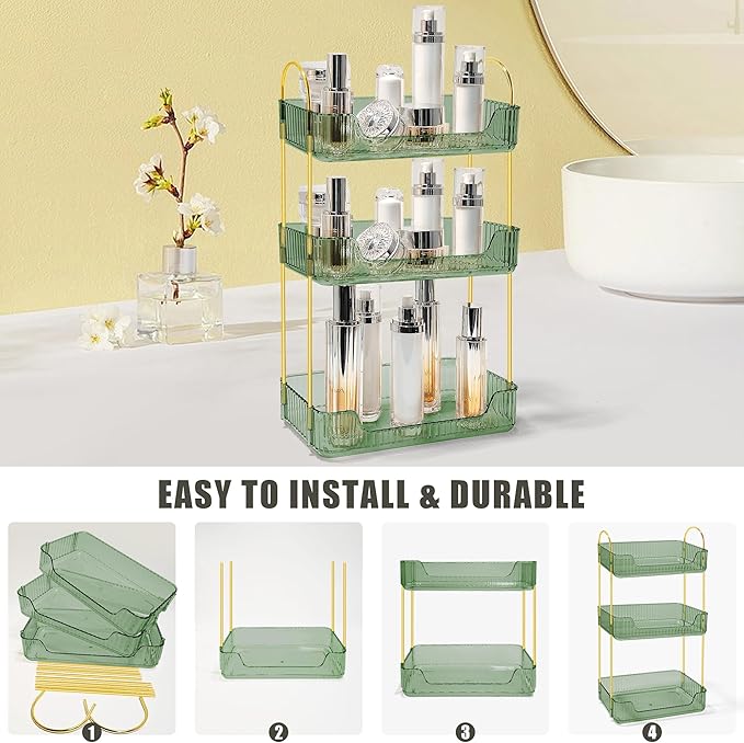 Bathroom Counter Organizer Countertop Storage Skincare Countertop Makeup Organizer Cosmetics Skincare Organizers Holder for Perfume-Green-Golden Pole-3 Tier