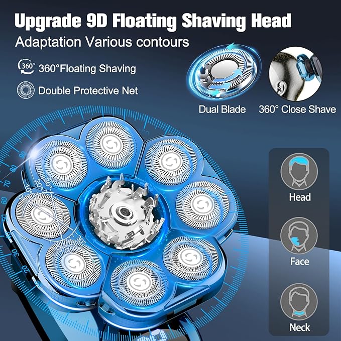 9D Electric Head Shaver for Bald Men, Upgraded 5-in-1 Waterproof Wet/Dry Grooming Kit Electric Shaver for Men, Cordless Rechargeable Bald Head Razor for Home&Travel