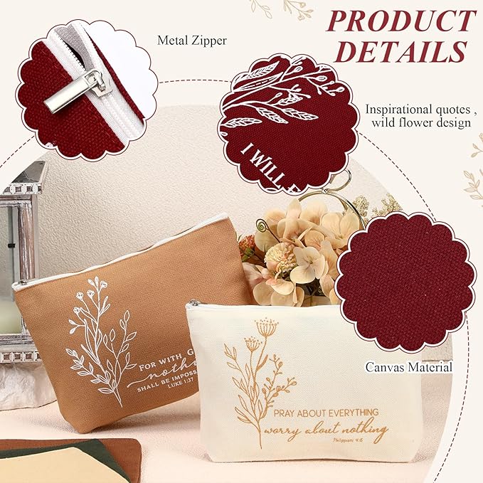 10Pcs Christian Gifts for Women Religious Cosmetic Bags Inspirational Bible Verse Pencil Pouch Canvas Makeup Bags Bulk with Zipper for Mother Sister Church Favors